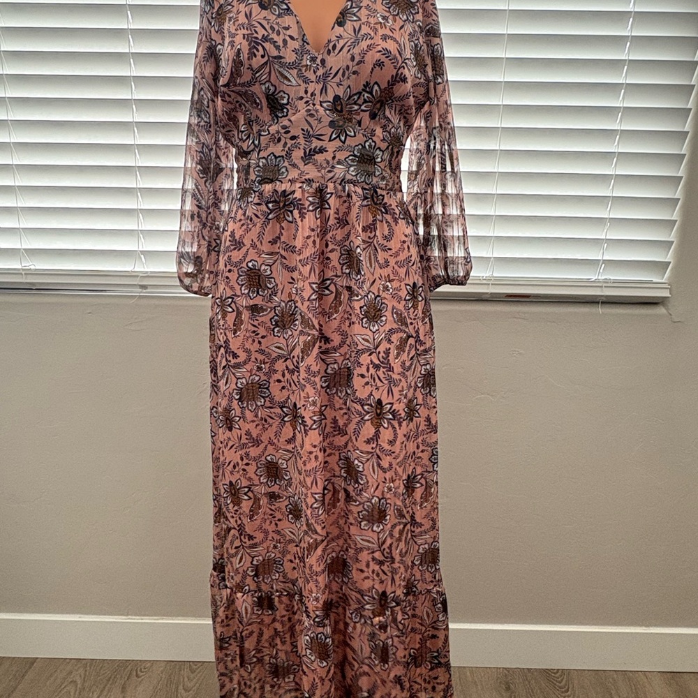 Lucky Brand Gabriella Maxi Dress Boho Flower Print Light Pink with Gold XS - Picture 3 of 13